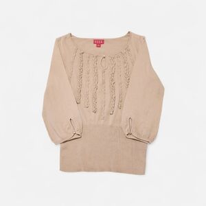 ELLE Women's Size Medium Beige Ruffled Fringe Keyhole 34 Length Sleeve Sweater